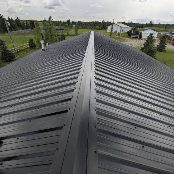 Black standing-seam metal roof ridge on an acreage home near Red Deer